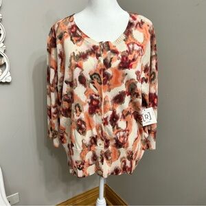 Relativity Women's 1X Multicolor Floral Print Button‎ Front Cardigan Sweater